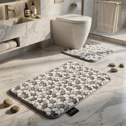 2 Piece Pebble Stone Bath Mat Set, Soft Polyester Bathroom Rugs, Non-Slip Style Bath Mat Set 50x80cm & 50x40cm