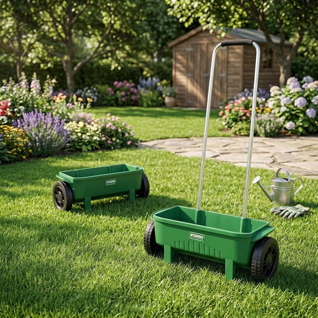 12L Lawn Seed Spreader Rotary Garden Fertiliser & Salt Spreader with Adjustable Flow Rate, Long Aluminium Handle & Protective Rain Cover