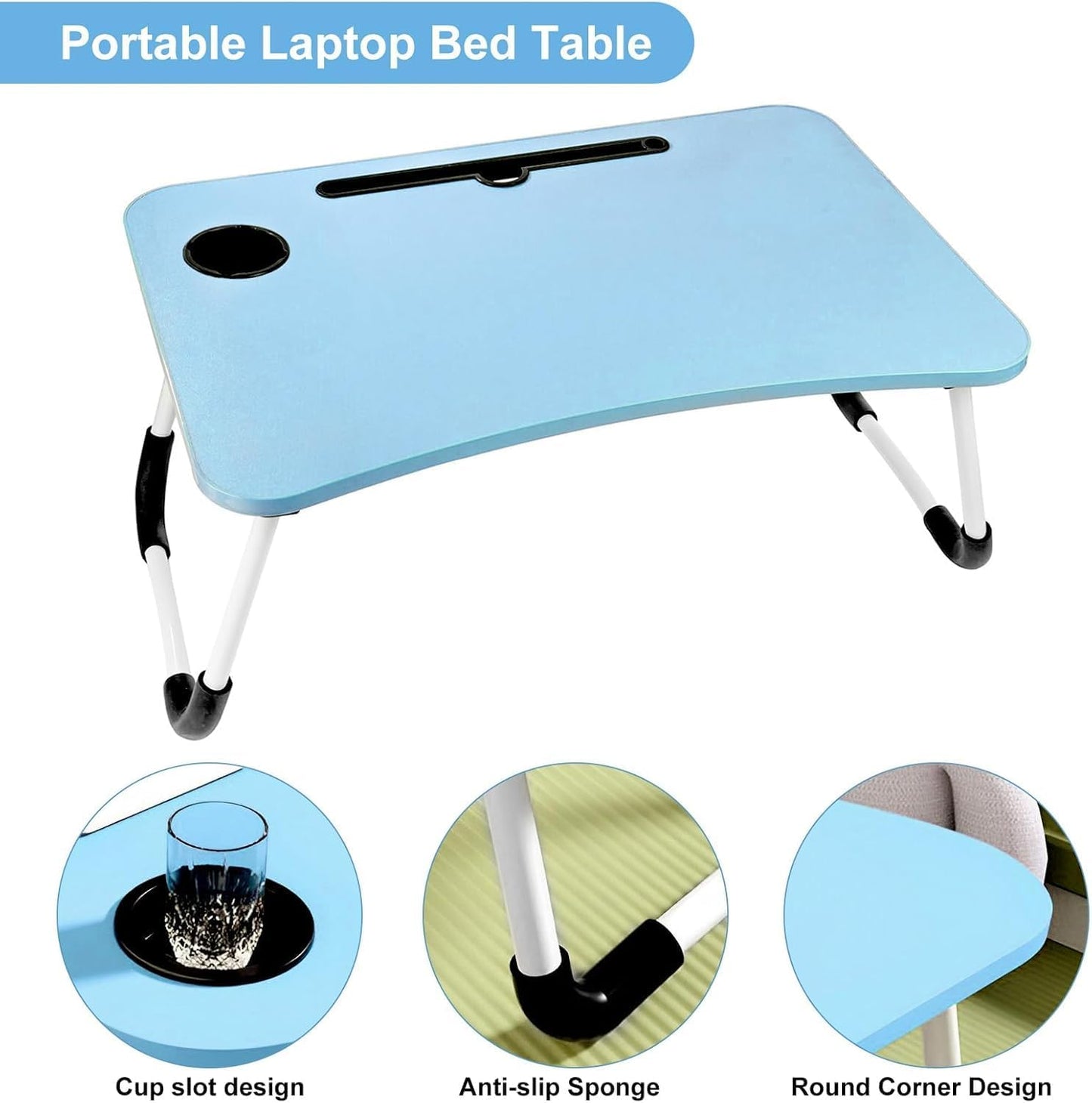 Foldable Laptop Table for Bed & Sofa Portable Desk with Cup Holder Phone/Tablet Slot Book Storage Study Work Reading Writing Breakfast Tray