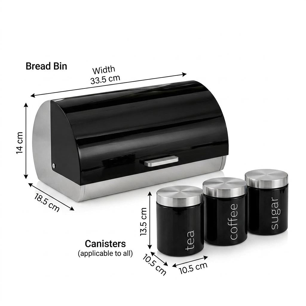 4 Piece Stainless Steel Bread Bin with Tea Coffee Sugar Canister Set Black Powder Coated Kitchen Storage Containers Modern Countertop Food Storage & Kitchen Organisation