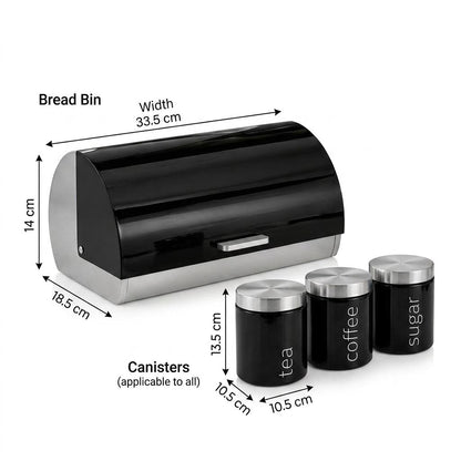 4 Piece Stainless Steel Bread Bin with Tea Coffee Sugar Canister Set Black Powder Coated Kitchen Storage Containers Modern Countertop Food Storage & Kitchen Organisation