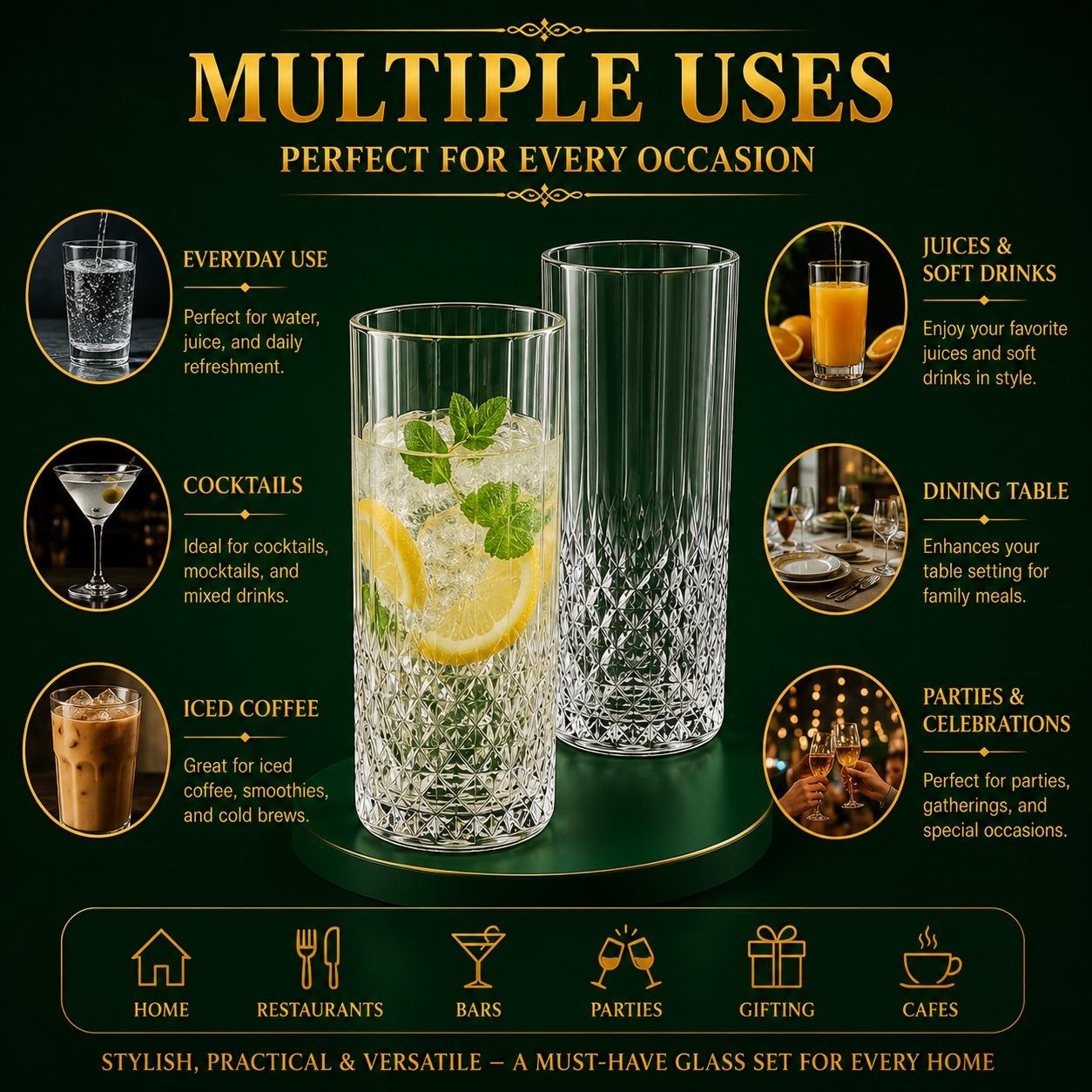 Set of 6 Crystal Effect Drinking Glasses 14oz – Long Highball Tumblers, Reusable Plastic Cups for Parties, Juice, Water & Cocktails
