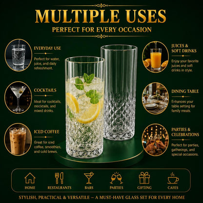 Set of 6 Crystal Effect Drinking Glasses 14oz – Long Highball Tumblers, Reusable Plastic Cups for Parties, Juice, Water & Cocktails