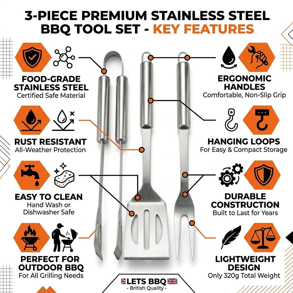 3 Piece Stainless Steel BBQ Tool Set with Food Turner, Tongs & Fork Barbecue Utensils with Hanging Loops BBQ Accessories for Garden, Camping & Outdoor Cooking