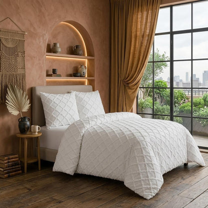 Diamond Tufted Duvet Cover Set Soft Microfibre Bedding Set with Pillowcases Hidden Zip Quilt Cover Easy Care UK Sizes