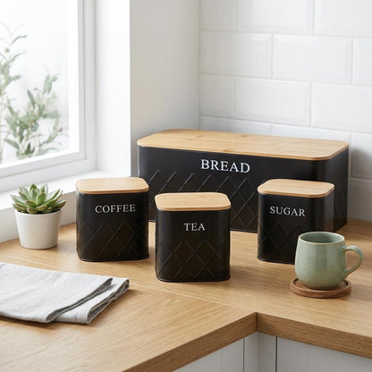 4 Piece Bread Storage & Canister Set Powder Coated Metal Bread Bin with Bamboo Lid Kitchen Containers for Home Organisation