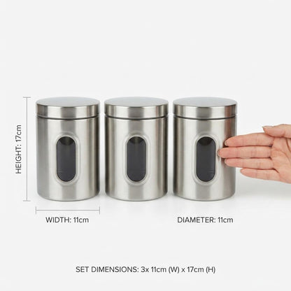 3 Piece Stainless Steel Kitchen Storage Canister Set with Lids 1.5L Coffee Tea Sugar Storage Containers Powder Coated Metal Kitchen Storage Jars