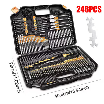246PCS Professional Drill Bit & Screwdriver Bit Set  Titanium Coated HSS Drill Bits for Wood, Metal & Masonry with Magnetic Bit Holder & Storage Case