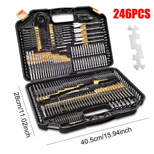 246PCS Professional Drill Bit & Screwdriver Bit Set  Titanium Coated HSS Drill Bits for Wood, Metal & Masonry with Magnetic Bit Holder & Storage Case