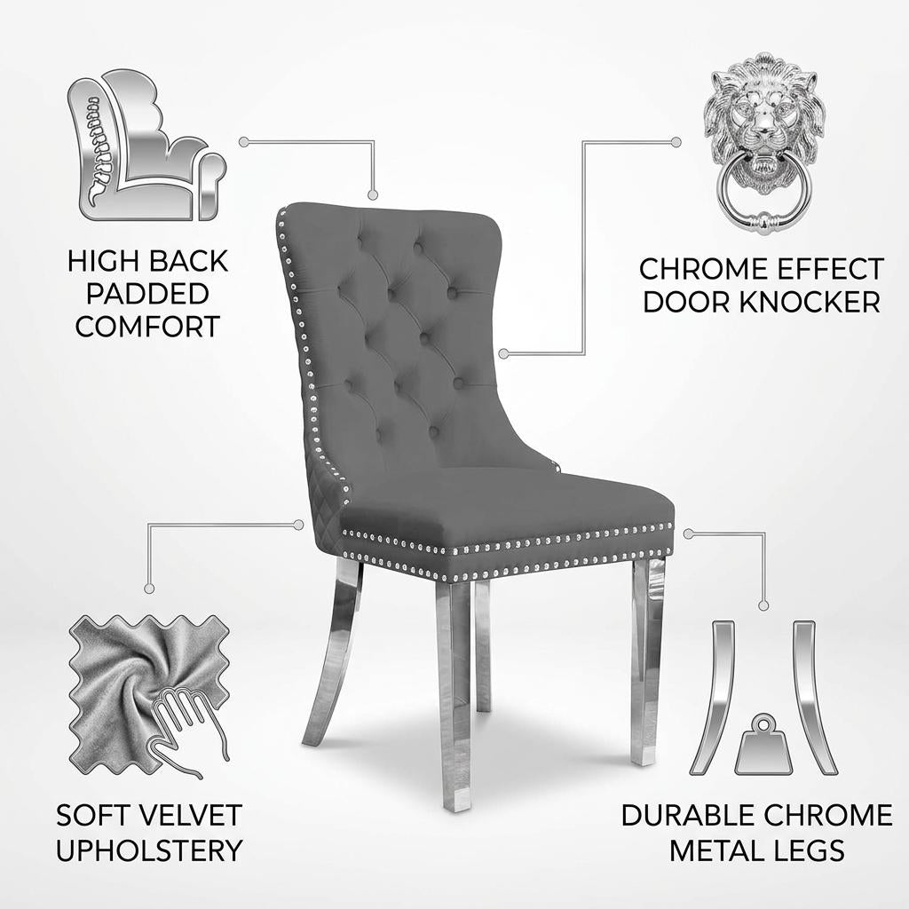 Velvet Dining Chair with Chrome Effect Door Knocker High Back Padded Seat Metal Legs Upholstered Dining Room Chair Single