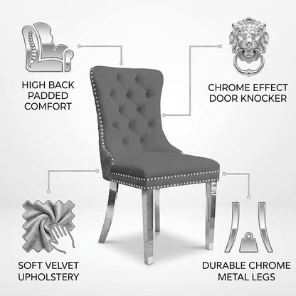 Velvet Dining Chair with Chrome Effect Door Knocker High Back Padded Seat Metal Legs Upholstered Dining Room Chair Single