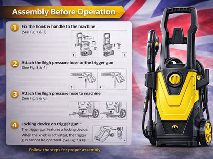 1400W High Pressure Washer 105 Bar Electric Jet Washer with Spray Gun, Hose & Detergent Bottle – Portable Car & Patio Cleaning Machine, Adjustable Nozzle, IPX5 Waterproof