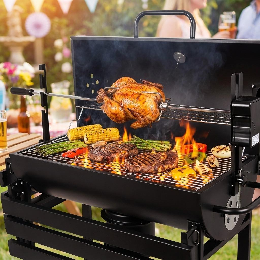 Premium Charcoal BBQ Grill with Rotisserie Spit Roaster – Outdoor Garden Barbecue Cooker for Parties, Camping & Summer Grilling UK