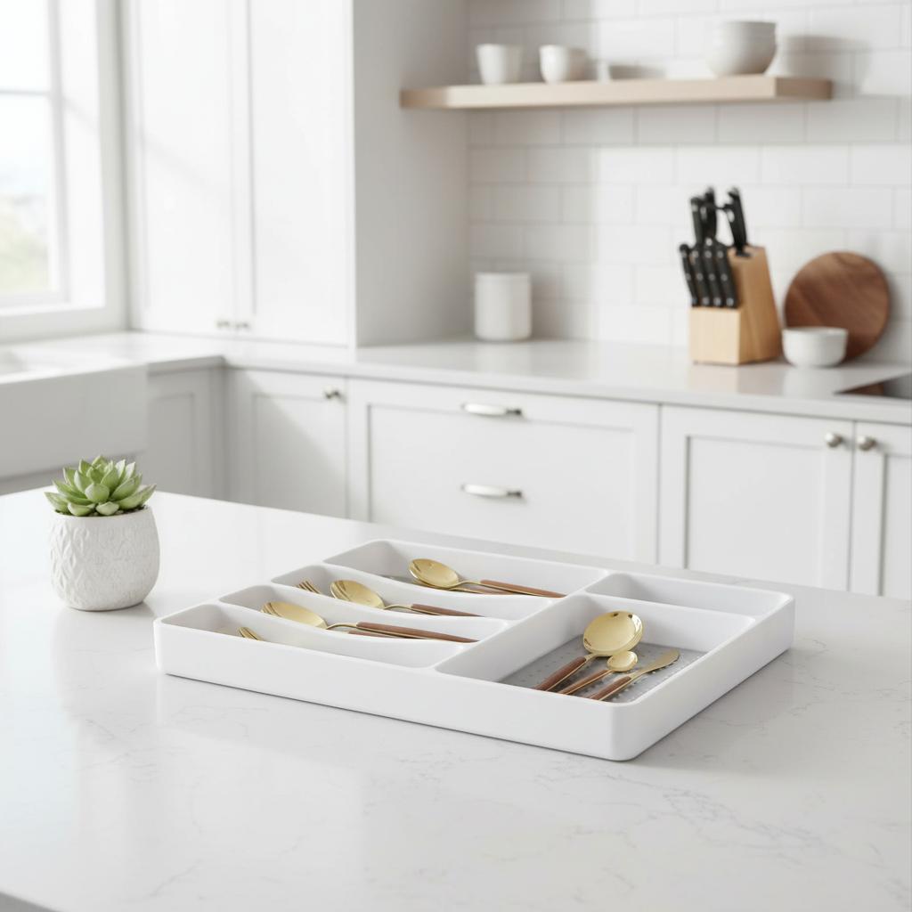 6 Compartment Drawer Organiser Tray – Non-Slip Cutlery & Utensil Storage Box for Kitchen or Office