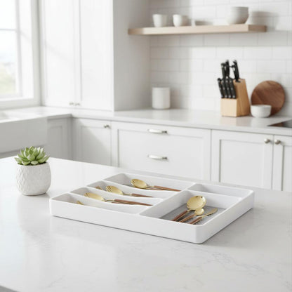 6 Compartment Drawer Organiser Tray – Non-Slip Cutlery & Utensil Storage Box for Kitchen or Office