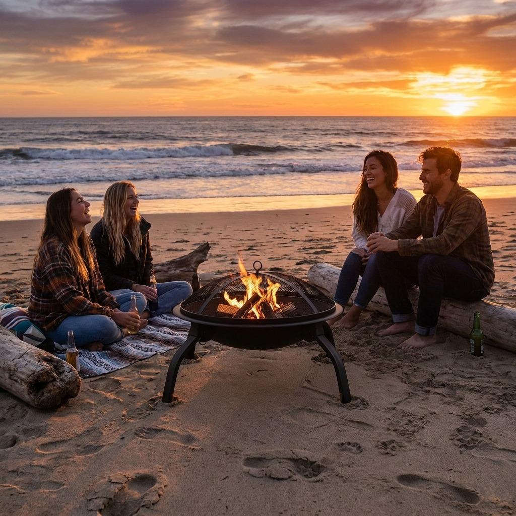 Round Foldable Fire Pit with Grill – Portable Outdoor Fire Bowl BBQ with Mesh Spark Guard, Steel Patio Heater for Garden, Camping & Beach