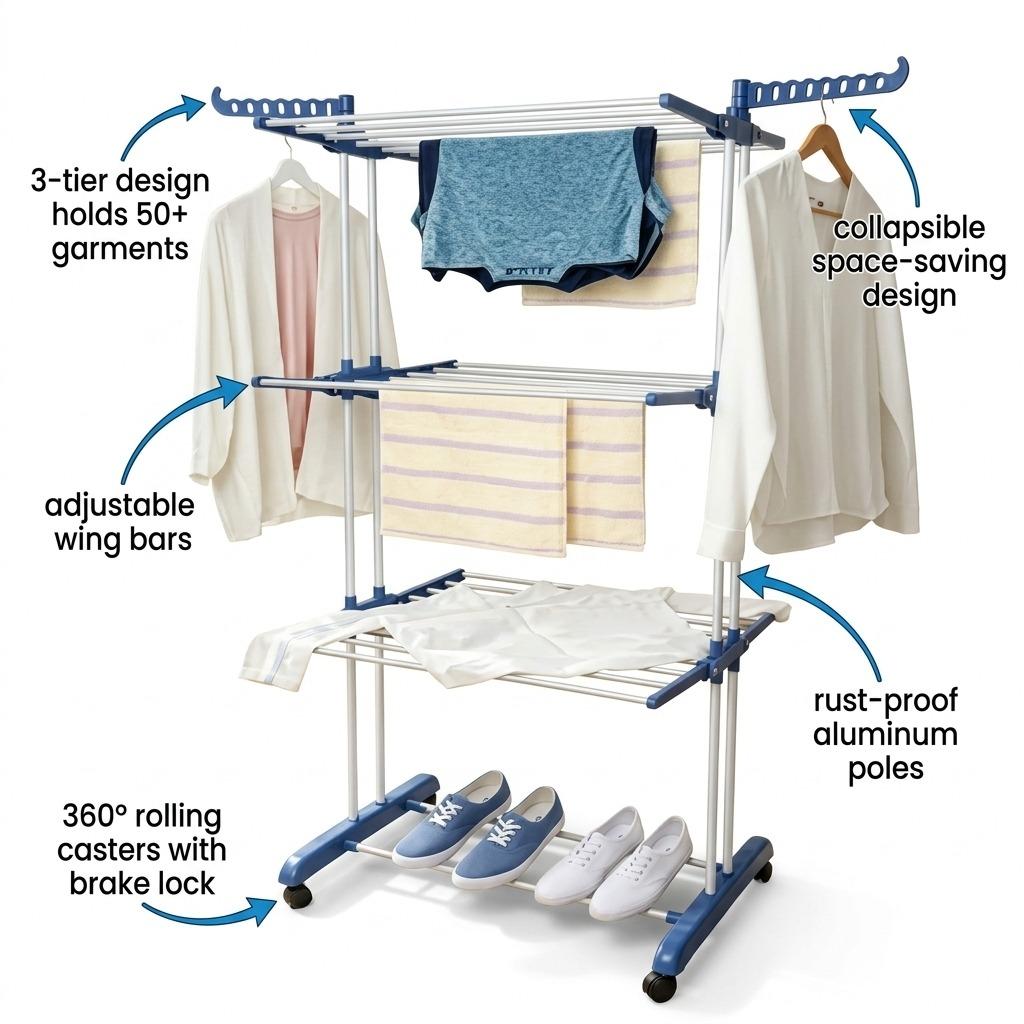 4 Tier Foldable Clothes Airer Drying Rack with Wheels Adjustable Indoor Laundry Dryer 18m Drying Space Lightweight & Durable for Household Use