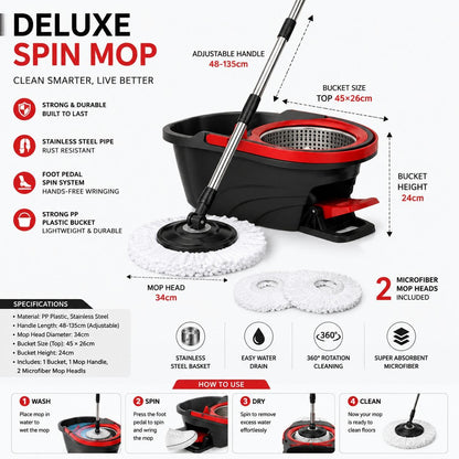 Deluxe Spin Mop and Bucket Set with Stainless Steel Handle Microfibre Mop Heads and Foot Pedal