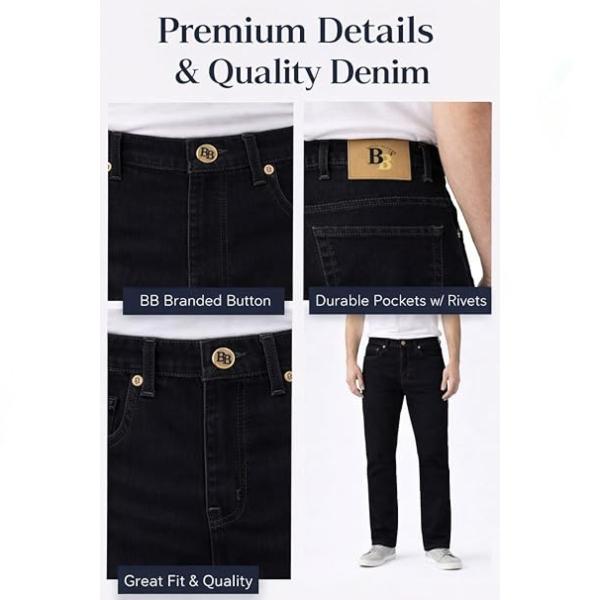 Men’s Straight Leg Jeans Comfortable & Durable Stretchy Cotton Denim with Signature Button Detail Available in Black, Navy, Light Blue Sizes W30–W40 Menswear Pants