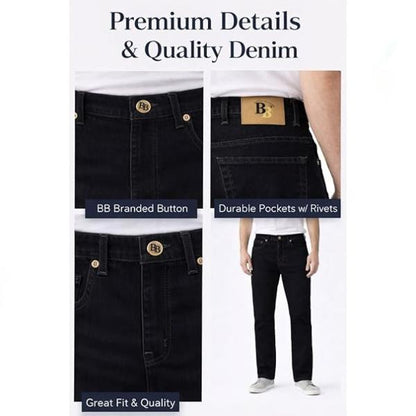Men’s Straight Leg Jeans Comfortable & Durable Stretchy Cotton Denim with Signature Button Detail Available in Black, Navy, Light Blue Sizes W30–W40 Menswear Pants