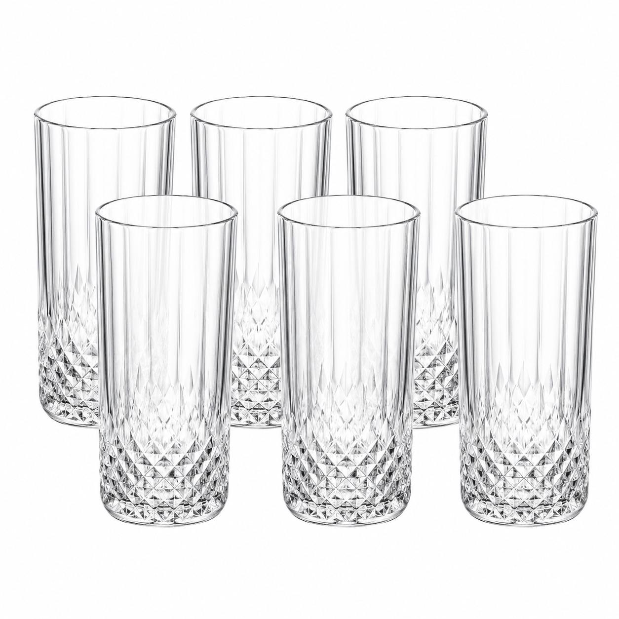 Set of 6 Crystal Effect Drinking Glasses 14oz – Long Highball Tumblers, Reusable Plastic Cups for Parties, Juice, Water & Cocktails
