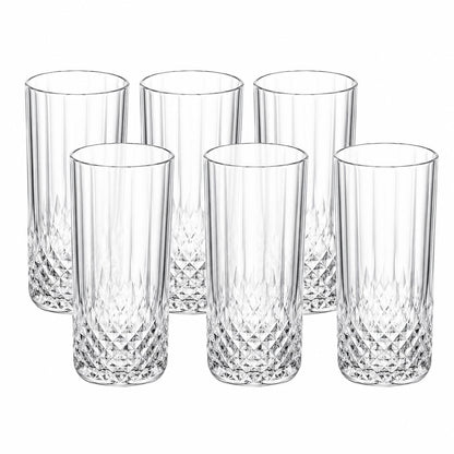 Set of 6 Crystal Effect Drinking Glasses 14oz – Long Highball Tumblers, Reusable Plastic Cups for Parties, Juice, Water & Cocktails