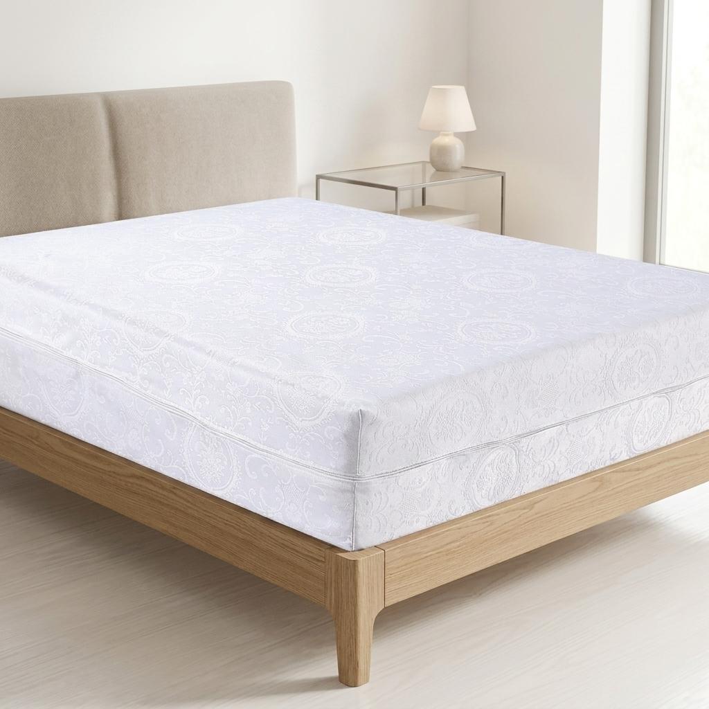Zipped Mattress Protector Full Encasement Jacquard Flower Polycotton Anti Bed Bug Cover Breathable Hypoallergenic White