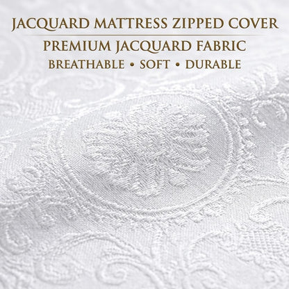 Zipped Mattress Protector Full Encasement Jacquard Flower Polycotton Anti Bed Bug Cover Breathable Hypoallergenic White