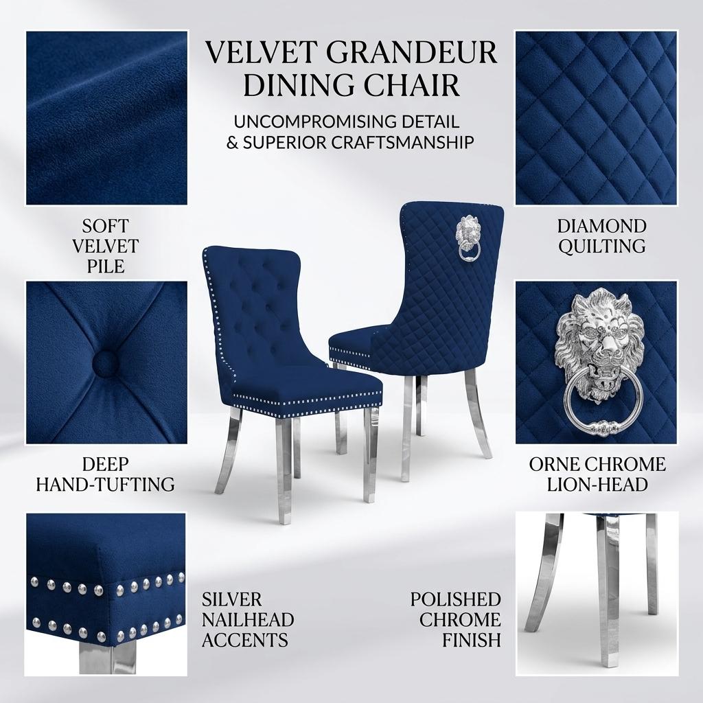 Velvet Dining Chair with Chrome Effect Door Knocker High Back Padded Seat Metal Legs Upholstered Dining Room Chair Single