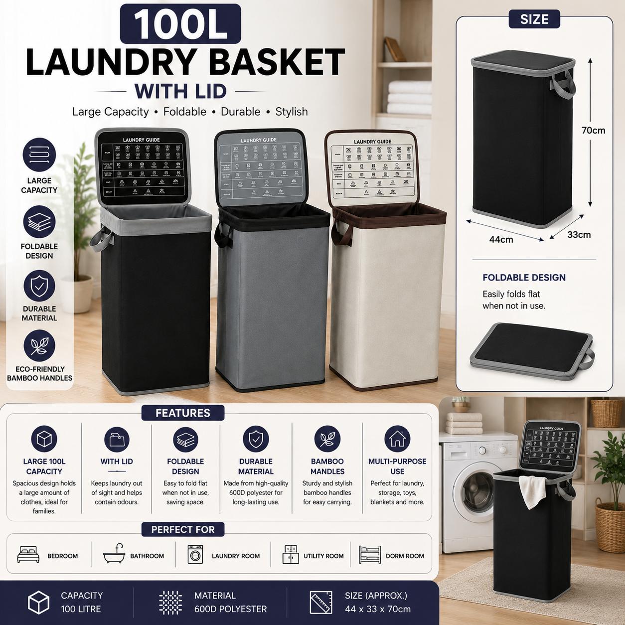 100L Laundry Basket with Lid Foldable Clothes Hamper Large Laundry Storage Basket with Bamboo Handles 44 x 33 x 70cm