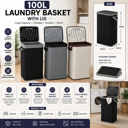 100L Laundry Basket with Lid Foldable Clothes Hamper Large Laundry Storage Basket with Bamboo Handles 44 x 33 x 70cm