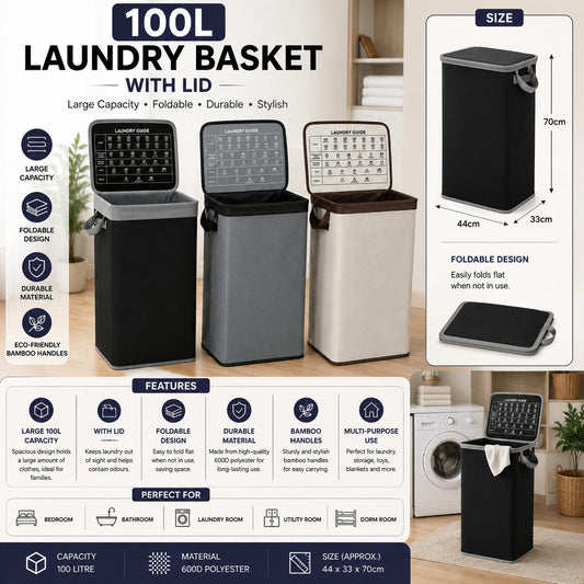 100L Laundry Basket with Lid Foldable Clothes Hamper Large Laundry Storage Basket with Bamboo Handles 44 x 33 x 70cm
