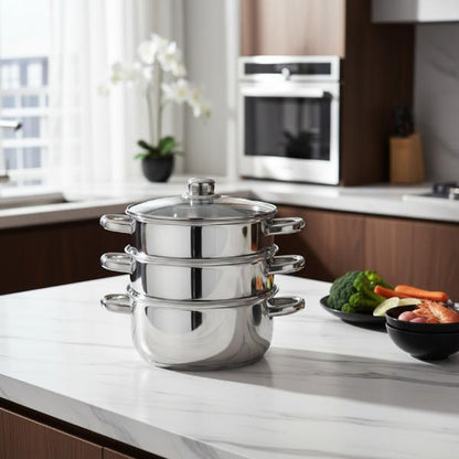 3 Tier Stainless Steel Steamer Set with Glass Lid – 25cm Multi-Level Cooking Pot (4 Piece Set) for Healthy Meals - Cookware