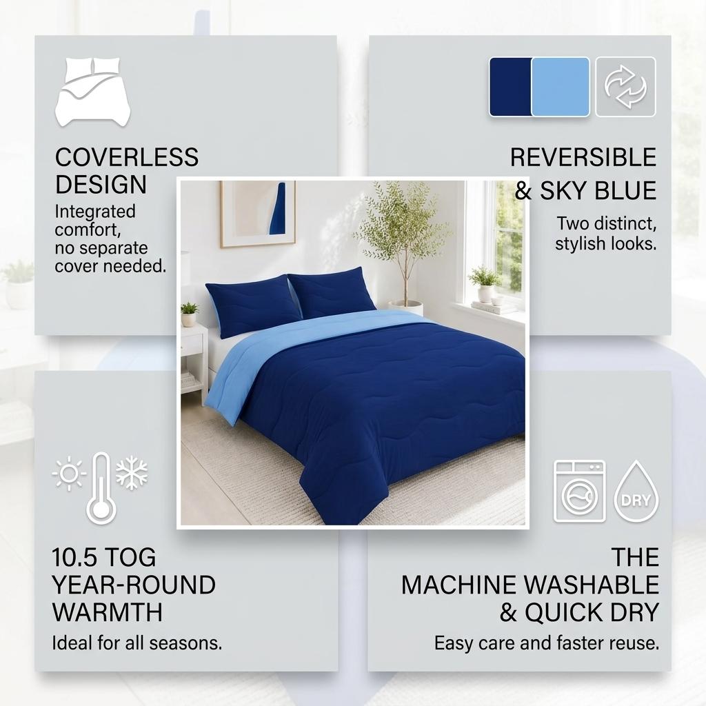 10.5 Tog Coverless Reversible Duvet Set with Pillowcase Soft Microfibre Quilt Machine Washable Bedding Navy Natural Pink Grey Single, Double, King & Super King
