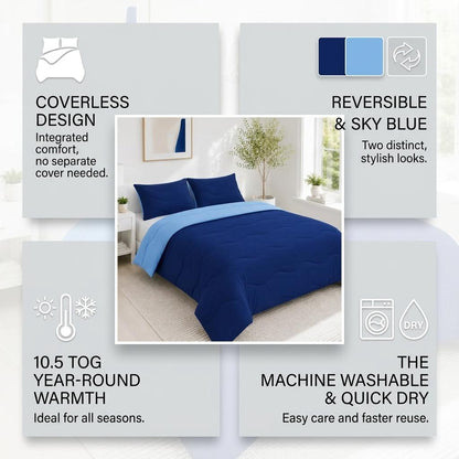 10.5 Tog Coverless Reversible Duvet Set with Pillowcase Soft Microfibre Quilt Machine Washable Bedding Navy Natural Pink Grey Single, Double, King & Super King