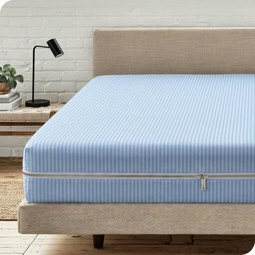 Satin Stripe Zipped Mattress Protector Double Side Zipper Closure Full Encasement Covers Anti Bed Bug Mattress Zip Protector 30cm Deep Matress Cover with Zip Blue and white