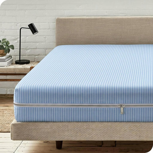 Satin Stripe Zipped Mattress Protector Double Side Zipper Closure Full Encasement Covers Anti Bed Bug Mattress Zip Protector 30cm Deep Matress Cover with Zip Blue and white