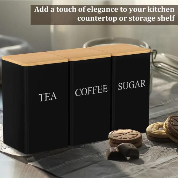 3pc Stackable Kitchen Canister Set – Airtight Tea/Coffee/Sugar Containers with Eco-Friendly Bamboo Lids for Pantry & Cupboard Organisation