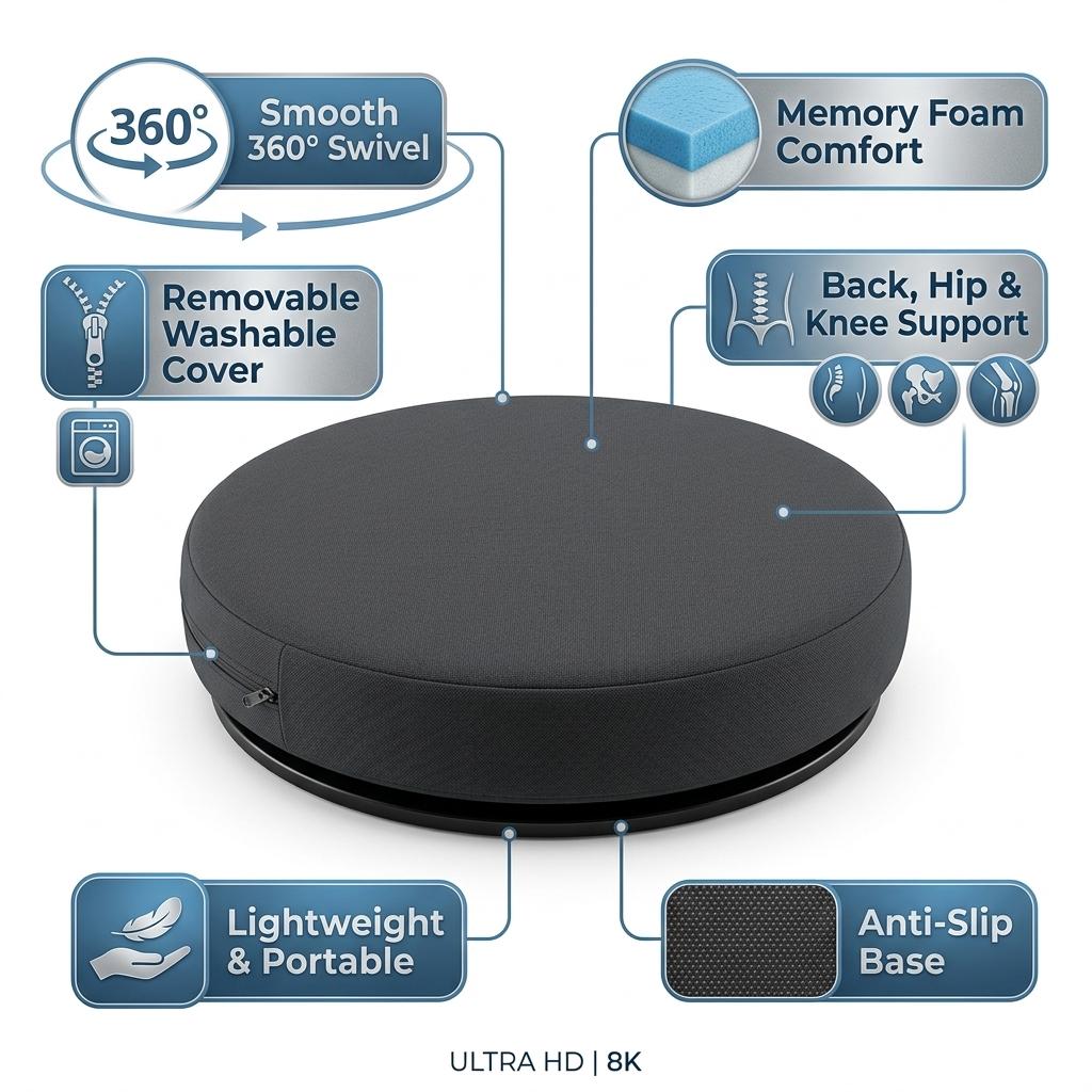360° Memory Foam Swivel Seat Cushion with Anti-Slip Base, Rotating Chair Cushion, Removable Washable Cover, Portable Seat Pad for Car, Home & Office