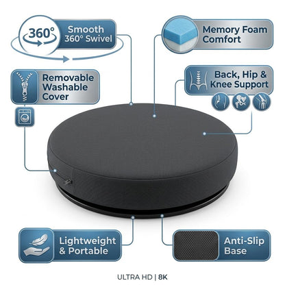 360° Memory Foam Swivel Seat Cushion with Anti-Slip Base, Rotating Chair Cushion, Removable Washable Cover, Portable Seat Pad for Car, Home & Office