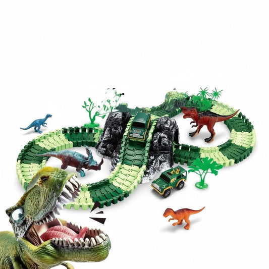 DIY Dinosaur Race Track Set 117 Pcs Flexible Tracks with Electric Car Dinosaur Figures & Bridge Perfect Gift for Kids 3+