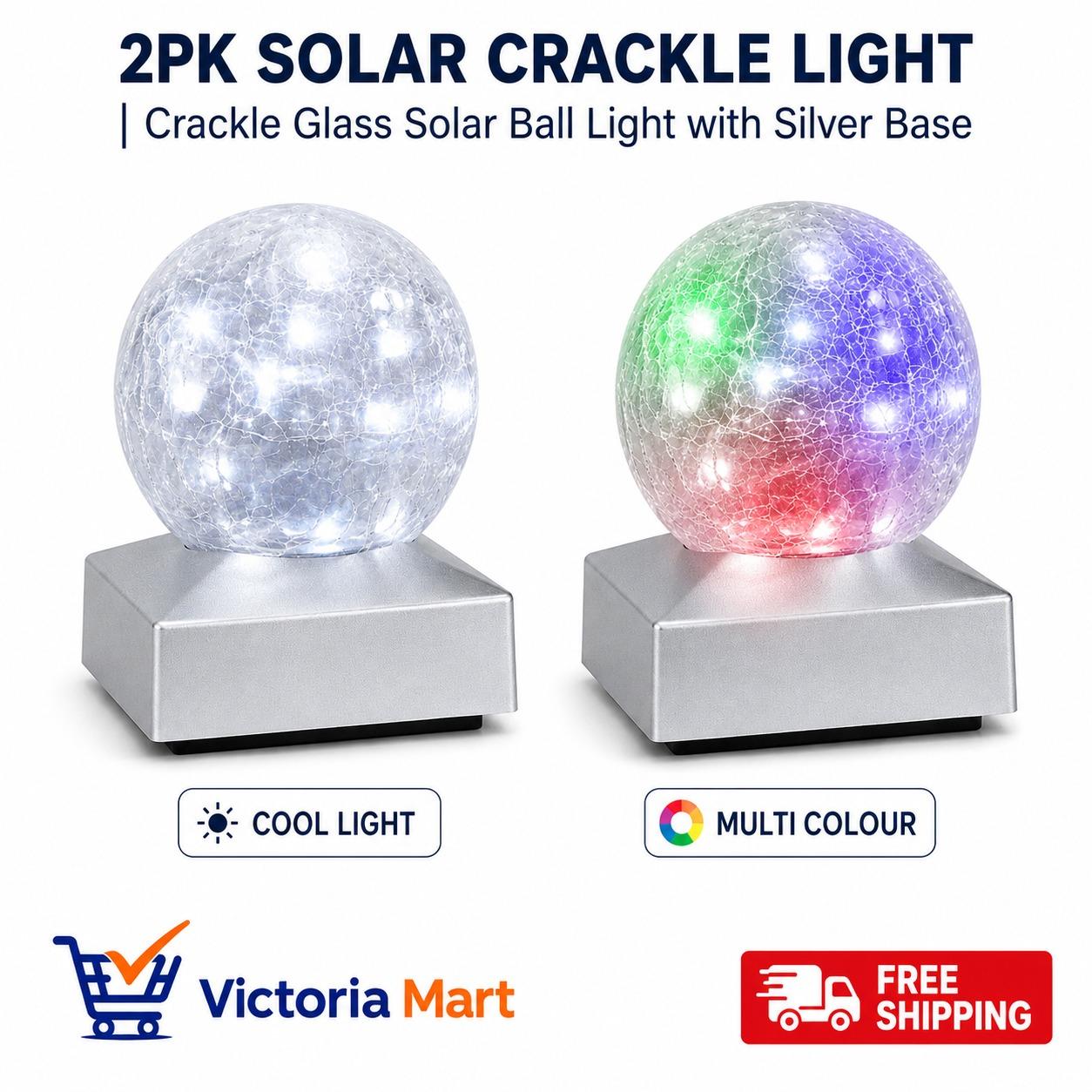 2 Pack Solar Crackle Glass Ball Lights Silver Base Outdoor LED Post Deck Cap Garden Pathway Lighting UK