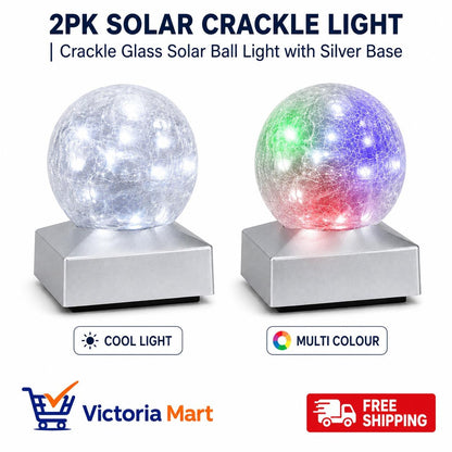 2 Pack Solar Crackle Glass Ball Lights Silver Base Outdoor LED Post Deck Cap Garden Pathway Lighting UK