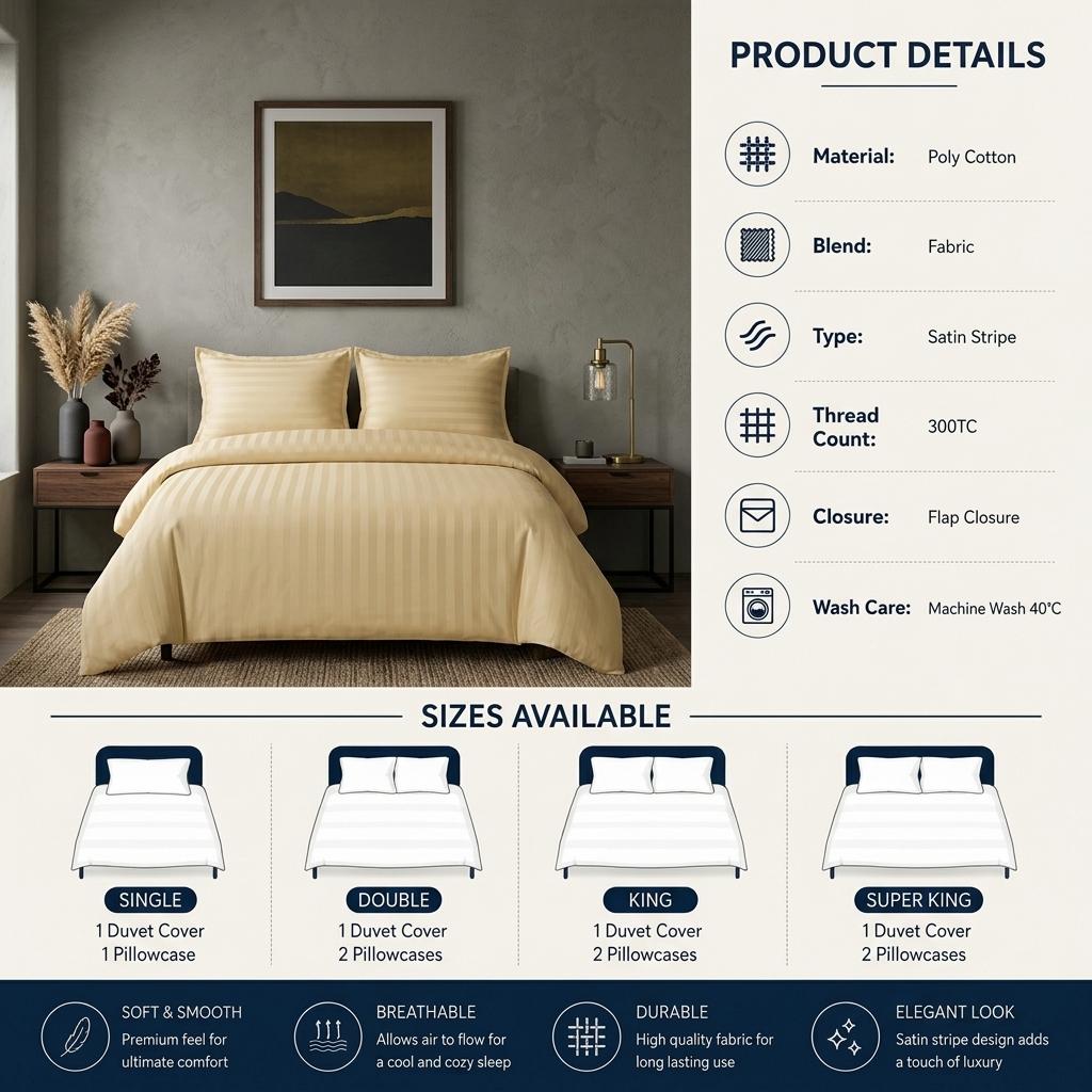 Premium Hotel Quality PolyCotton Satin Stripe Duvet Cover Set with Pillowcases Quilt Bedding Soft Easy Care Luxury Bed Linen