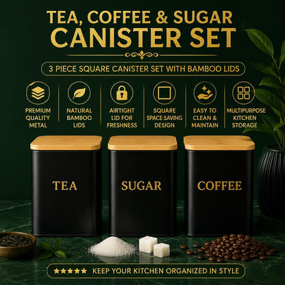 3 Piece Kitchen Storage Canister Set with Bamboo Lids Square Metal Food Storage Containers for Tea, Coffee & Sugar Utensils