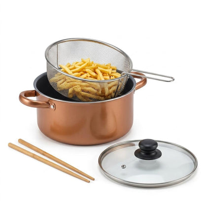 24cm Non-Stick Deep Fryer Pan Set with Basket, Glass Lid & Chopsticks Multi-Purpose Cooking Pot