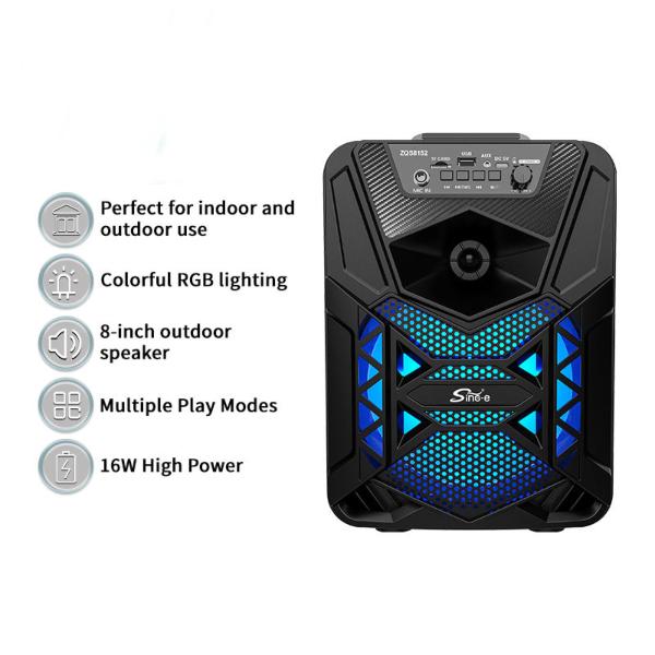 8 Inch Wireless Bluetooth Trolley Speaker with Microphone LED Lights Portable Outdoor Party Speaker with Rechargeable Battery