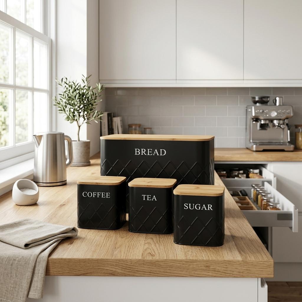 4 Piece Bread Storage & Canister Set Powder Coated Metal Bread Bin with Bamboo Lid Kitchen Containers for Home Organisation