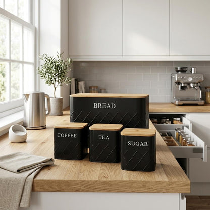 4 Piece Bread Storage & Canister Set Powder Coated Metal Bread Bin with Bamboo Lid Kitchen Containers for Home Organisation