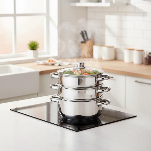 3 Tier Stainless Steel Steamer Set with Glass Lid – 25cm Multi-Level Cooking Pot (4 Piece Set) for Healthy Meals - Cookware
